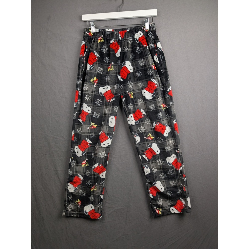 Peanuts Snoopy Fleece‎ Pajama Pants Gray Plaid Snowflake Small